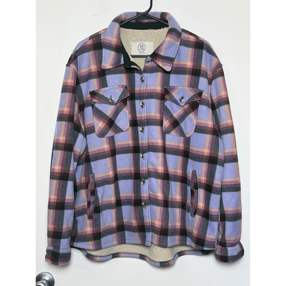 Sage Collective Women's XL Purple Plaid Sherpa Lined Shacket Cabincore
